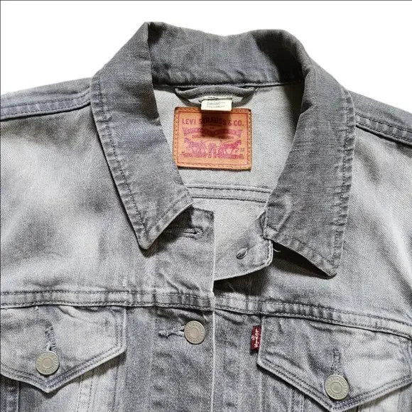 Women's Denim Jean Jacket Gray Distressed faded Cropped Collared LEVI STRAUSS - Picture 8 of 16